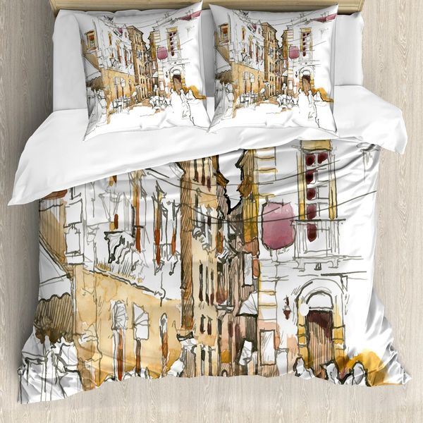 Abakuhaus Copripiumino Acquerello, Disegno Strada, Antiacaro, Adatto A Chi Soffre Di Allergie, Con Federe, 200 Cm X 200 Cm - 80 X 80 Cm, Sabbia Marrone E Bianco-image
