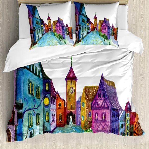 Abakuhaus Copripiumino Con Caricatura, Paesaggio Europeo, Antiacaro, Adatto A Chi Soffre Di Allergie, Con Federe, 200 Cm X 200 Cm - 80 X 80 Cm, Multicolore-image