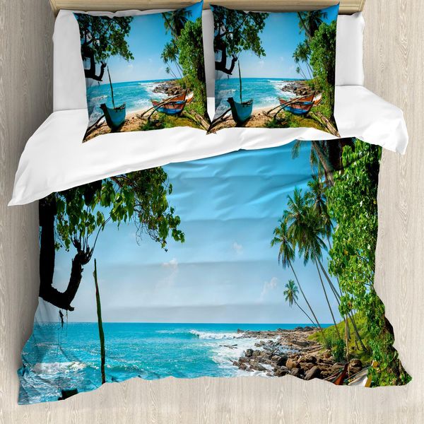 Abakuhaus Copripiumino Da Spiaggia, Paesaggio Tropicale Oceanico, Antiacaro, Adatto A Chi Soffre Di Allergie, Con Federe, 155 Cm X 220 Cm - 80 X 80 Cm, Verde E Blu-image