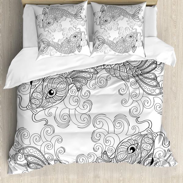 Abakuhaus Copripiumino Asiatico, Motivo Con Pesci Koi, Antiacaro, Adatto A Chi Soffre Di Allergie, Con Federe, 200 Cm X 200 Cm - 80 X 80 Cm, Grigio E Bianco-image