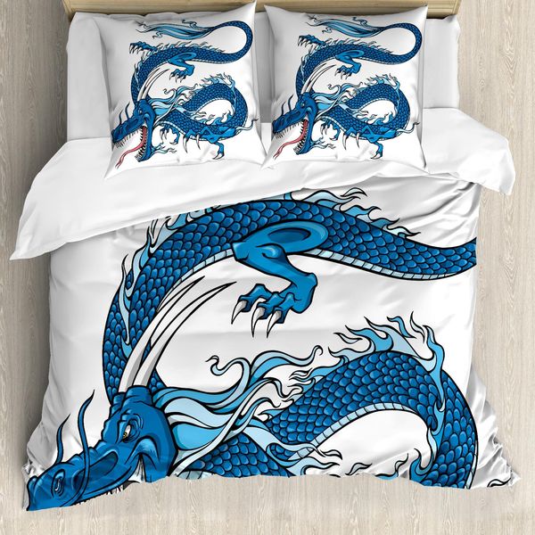 Abakuhaus Set Copripiumino Fantasia Per Letti Matrimoniali, Creatura Drago, Antiacaro, Adatto A Chi Soffre Di Allergie, Con Federe, Azzurro, Blu Scuro, Bianco-image