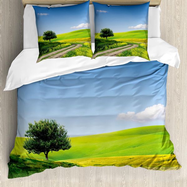 Abakuhaus Set Copripiumino Naturale Per Letti Matrimoniali, Paesaggio Rurale, Antiacaro, Adatto A Chi Soffre Di Allergie, Con Federe, Verde Mela E Azzurro-image