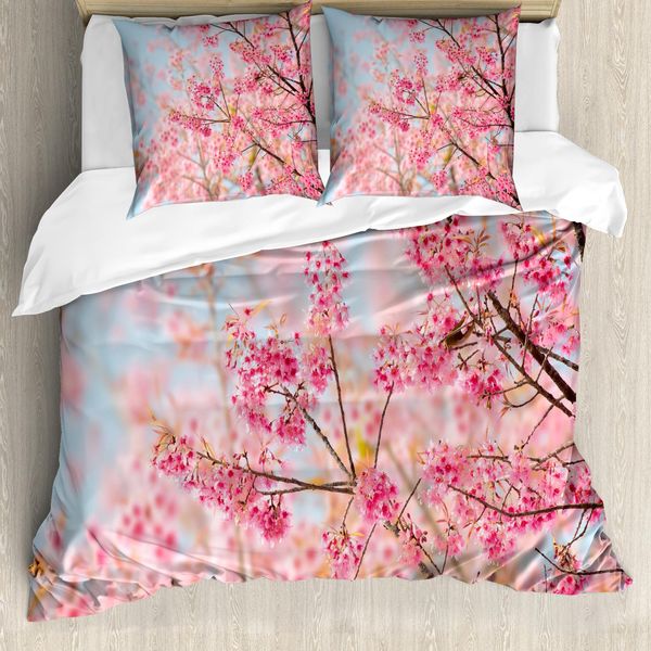 Abakuhaus Copripiumino Con Fiori, Ciliegio Giapponese Sakura, Antiacaro, Adatto A Chi Soffre Di Allergie, Con Federe, 200 Cm X 200 Cm - 80 X 80 Cm, Rosa Pallido E Azzurro-image