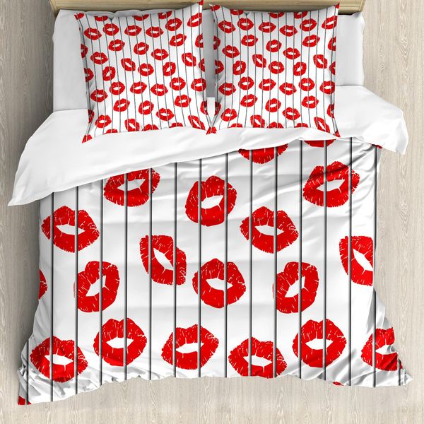 Abakuhaus Copripiumino Lucido, Frau Lippen Liebe Hinter Gittern, Antiacaro, Adatto A Chi Soffre Di Allergie, Con Federe, 155 Cm X 220 Cm - 80 X 80 Cm, Rosso Scarlatto, Bianco E Grigio-image