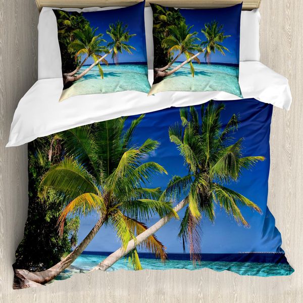 Abakuhaus Copripiumino Tropicale, Spiaggia Esotica Delle Maldive, Antiacaro, Adatto A Chi Soffre Di Allergie, Con Federe, 200 Cm X 200 Cm - 80 X 80 Cm, Verde Felce-Turchese-image