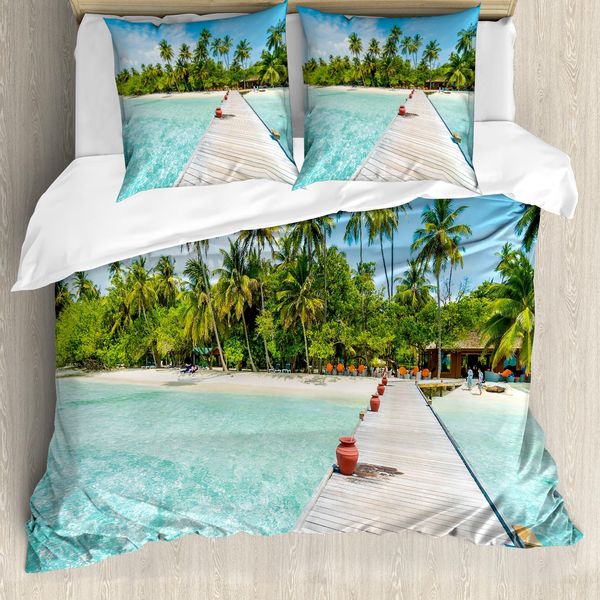 Abakuhaus Copripiumino Tropicale, Spiaggia Dell'isola Delle Maldive, Antiacaro, Adatto A Chi Soffre Di Allergie, Con Federe, 155 Cm X 220 Cm - 80 X 80 Cm, Verde Felce-Turchese-image