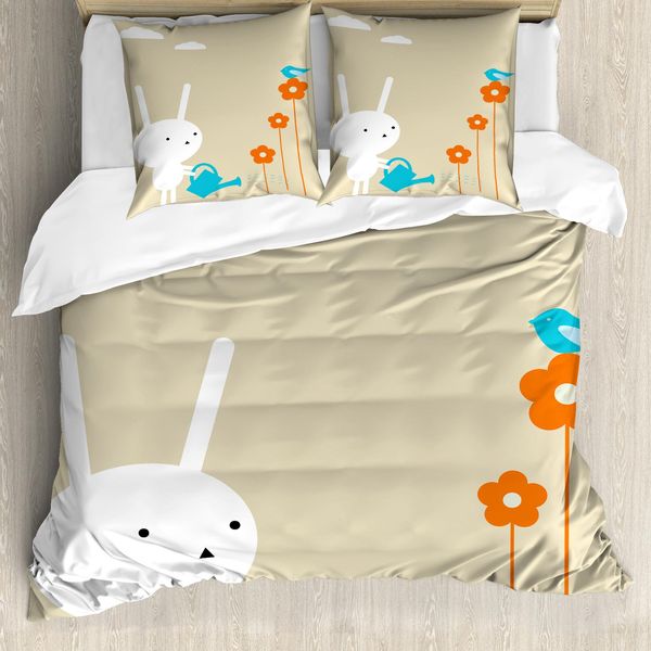 Abakuhaus Copripiumino Per Animali Domestici, Coniglio Con Fiori, Antiacaro, Adatto A Chi Soffre Di Allergie, Con Federe, 200 Cm X 200 Cm - 80 X 80 Cm, Bianco, Beige E Blu-image