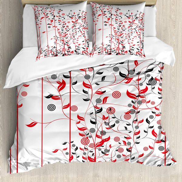 Abakuhaus Copripiumino Con Fiori, Foglie Rampicanti, Antiacaro, Adatto A Chi Soffre Di Allergie, Con Federe, 155 Cm X 220 Cm - 80 X 80 Cm, Rosso, Nero E Bianco-image