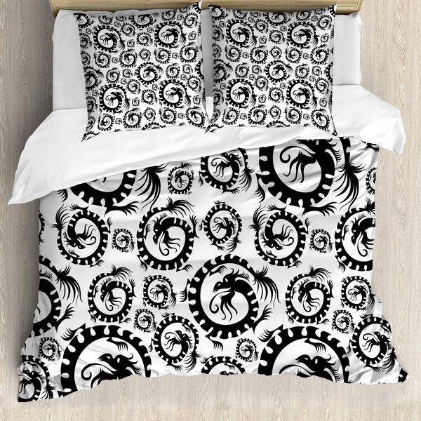 Abakuhaus Copripiumino Drago, Antique Chinese Dragon, Antiacaro, Adatto A Chi Soffre Di Allergie, Con Federe, 200 Cm X 200 Cm - 80 X 80 Cm, Bianco E Nero-image