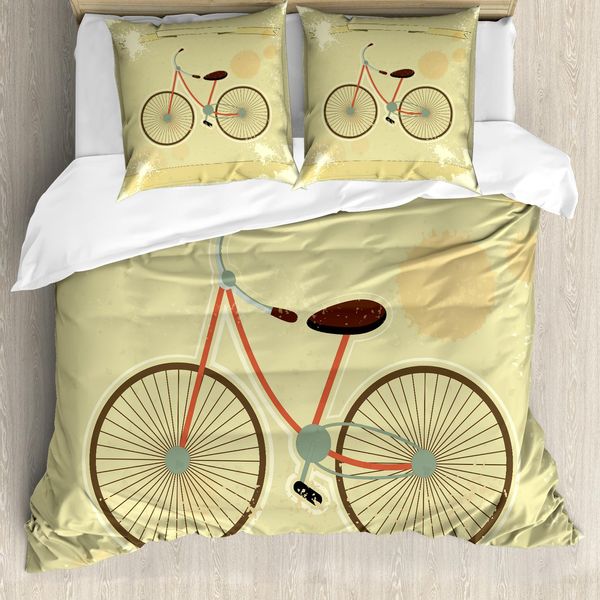 Abakuhaus Copripiumino Vintage, Cartolina Con Bicicletta Retrò, Antiacaro E Anallergico Con Federe, 155 Cm X 220 Cm - 80 X 80 Cm, Marrone E Kaki-image
