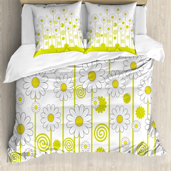 Abakuhaus Copripiumino Con Motivi Floreali, Giardino Di Margherite, Antiacaro E Anallergico, Con Federe, 200 Cm X 200 Cm - 80 X 80 Cm, Giallo E Bianco-image