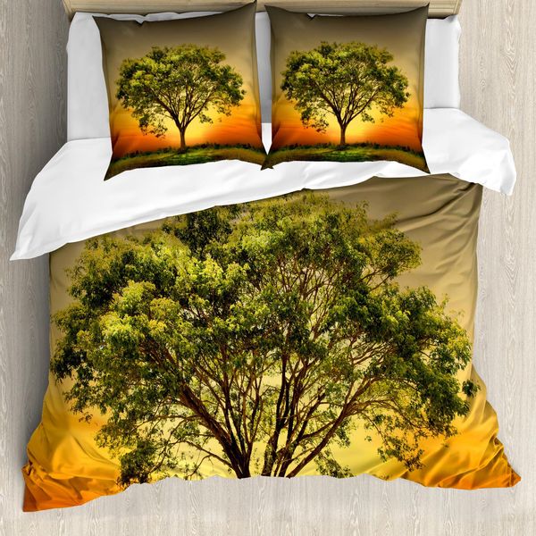 Abakuhaus Set Copripiumino Per Letti Matrimoniali, Scenery Valley Al Tramonto, Antiacaro, Adatto A Chi Soffre Di Allergie, Con Federe, Verde Felce, Calendula E Grigio-image