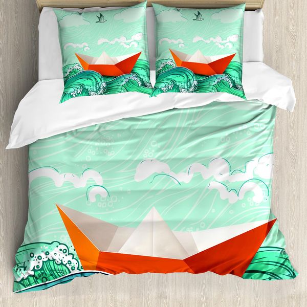Abakuhaus Copripiumino Ocean, Navy Sealife Con Onde, Antiacaro, Adatto A Chi Soffre Di Allergie, Con Federe, 200 Cm X 200 Cm - 80 X 80 Cm, Blu Cielo Arancione-image
