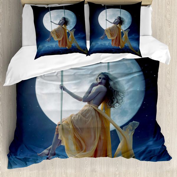 Abakuhaus Copripiumino Luna, Altalene Nel Cielo Luna, Antiacaro Adatto A Chi Soffre Di Allergie Con Federe, 155 Cm X 220 Cm - 80 X 80 Cm, Blu Scuro E Grigio-image