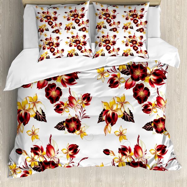 Abakuhaus Copripiumino Con Motivi Floreali Senza Cuciture, Antiacaro E Anallergico, Con Federe, 155 Cm X 220 Cm - 80 X 80 Cm, Giallo E Bordeaux-image
