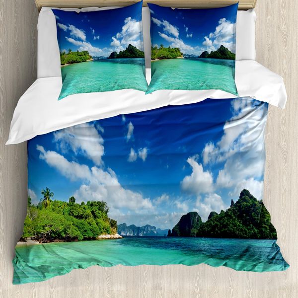 Abakuhaus Copripiumino Landscape, Botanic Sea Mountain, Antiacaro, Adatto A Chi Soffre Di Allergie, Con Federe, 200 Cm X 200 Cm - 80 X 80 Cm, Turchese-Blu-Verde-image