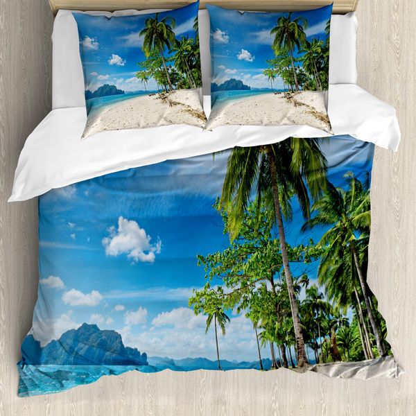 Abakuhaus Copripiumino Landscape, Sea Palms Mountains, Antiacaro, Adatto A Chi Soffre Di Allergie, Con Federe, 200 Cm X 200 Cm - 80 X 80 Cm, Blu Crema Verde-image