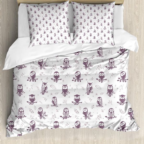 Abakuhaus Copripiumino Gufo, Gufi Sul Ramo, Antiacaro, Adatto A Chi Soffre Di Allergie, Con Federe, 200 Cm X 200 Cm - 80 X 80 Cm, Bianco Melanzana-image