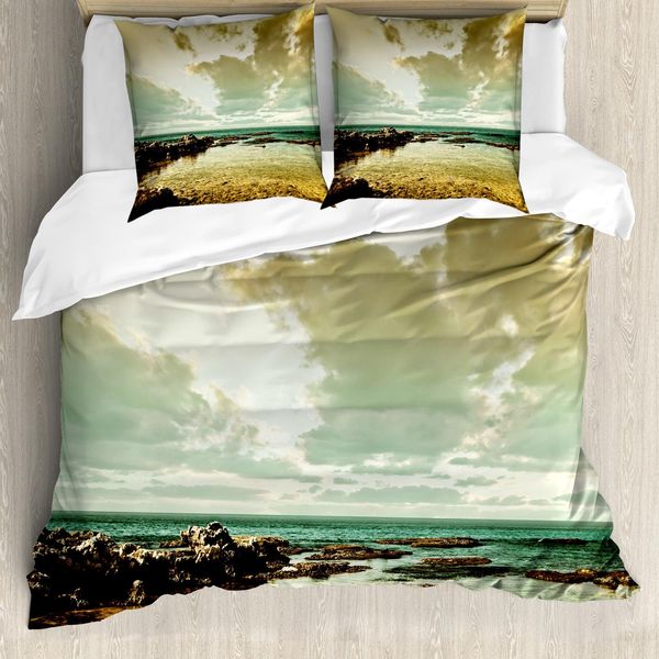 Abakuhaus Copripiumino Paesaggio, Paesaggio Isola Oceanica, Antiacaro, Adatto A Chi Soffre Di Allergie, Con Federe, 200 Cm X 200 Cm - 80 X 80 Cm, Beige Seppia Verde Acqua-image