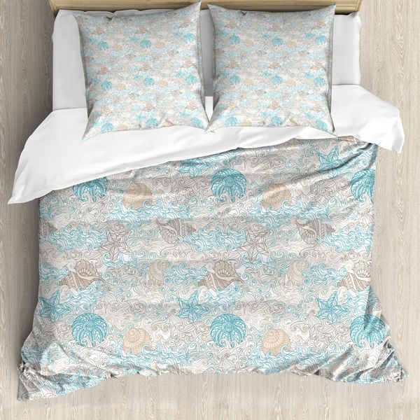 Abakuhaus Copripiumino Nautico, Conchiglie Color Pastello, Antiacaro, Adatto A Chi Soffre Di Allergie, Con Federe, 155 Cm X 220 Cm - 80 X 80 Cm, Tan Turchese Bianco-image