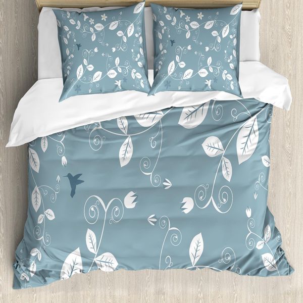 Abakuhaus Copripiumino Con Fiori, Boccioli, Petali E Edera, Antiacaro, Adatto A Chi Soffre Di Allergie, Con Federe, 200 Cm X 200 Cm - 80 X 80 Cm, Blu Ardesia E Bianco-image