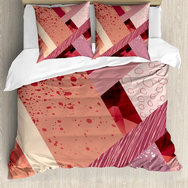 Abakuhaus Set Copripiumino Rosa Pallido Per Letti Matrimoniali, Motivo Geometrico, Antiacaro, Adatto A Chi Soffre Di Allergie, Con Federe, Rosa Chiaro, Salmone, Rosso Corallo-image