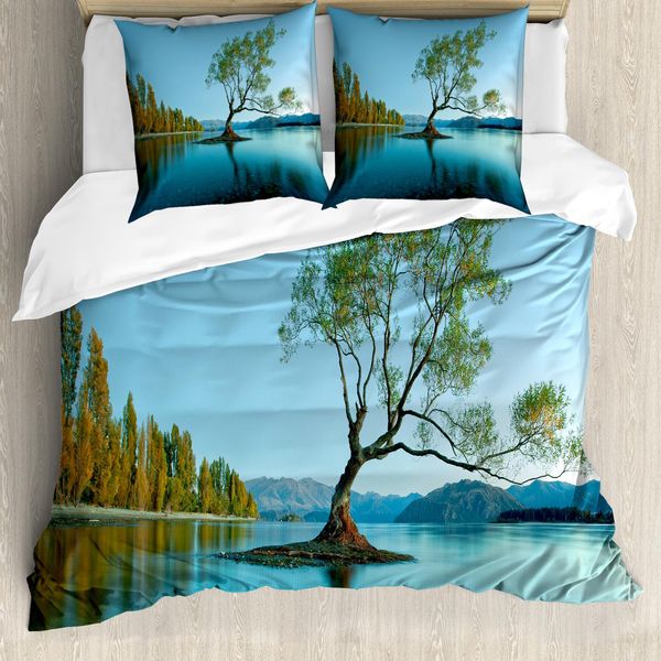 Abakuhaus Copripiumino Naturale, Baum Lake Nature Themed, Antiacaro, Adatto A Chi Soffre Di Allergie, Con Federe, 155 Cm X 220 Cm - 80 X 80 Cm, Verde Felce-image
