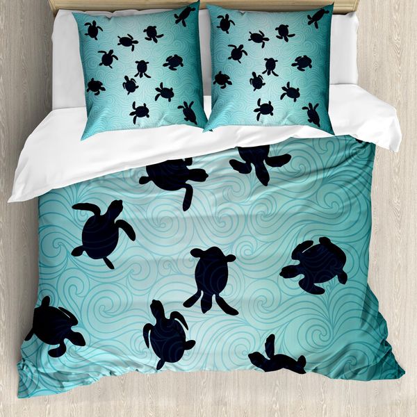 Abakuhaus Copripiumino Marine, Tartarughe Marine Deep Sealife, Antiacaro, Adatto A Chi Soffre Di Allergie, Con Federe, 200 Cm X 200 Cm - 80 X 80 Cm, Blu Scuro Teal-image