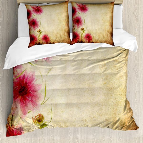 Abakuhaus Copripiumino Floreale, Retrò Floreale Grungy Vintage, Antiacaro, Adatto A Chi Soffre Di Allergie, Con Federe, 155 Cm X 220 Cm - 80 X 80 Cm, Sabbia, Marrone, Rosa-image