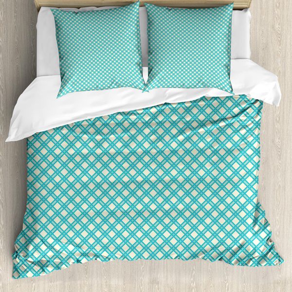 Abakuhaus Set Copripiumino Geometrico Per Letti Matrimoniali, Motivo A Quadri Acquamarina, Antiacaro, Adatto A Chi Soffre Di Allergie, Con Federe, Turchese Avorio-image