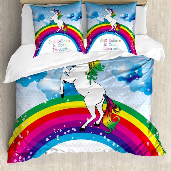 Abakuhaus Copripiumino Fantasia, Unicorno Arcobaleno Fantasia, Antiacaro, Adatto A Chi Soffre Di Allergie, Con Federe, 155 Cm X 220 Cm - 80 X 80 Cm, Multicolore-image