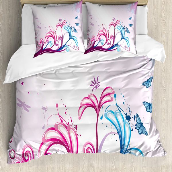 Abakuhaus Copripiumino Naturale, Design Primaverile, Antiacaro, Adatto A Chi Soffre Di Allergie, Con Federe, 200 Cm X 200 Cm - 80 X 80 Cm, Viola Rosa Azzurro-image