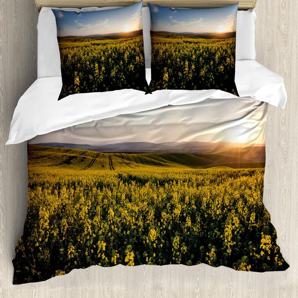 Abakuhaus Copripiumino Landscape, Sunset Flower Field, Antiacaro, Adatto A Chi Soffre Di Allergie, Con Federe, 200 Cm X 200 Cm - 80 X 80 Cm, Giallo Verde Blu-image