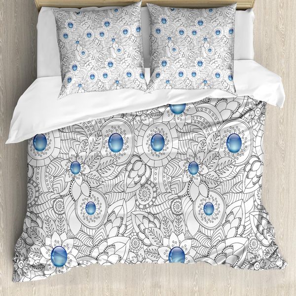 Abakuhaus Copripiumino Con Motivi Floreali E Pois Blu, Antiacaro E Anallergico, Con Federe, 155 Cm X 220 Cm - 80 X 80 Cm, Nero, Bianco, Blu-image