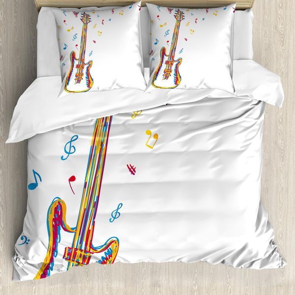 Abakuhaus Copripiumino Musicale, Doodle Art Chitarra, Antiacaro, Adatto A Chi Soffre Di Allergie, Con Federe, 155 Cm X 220 Cm - 80 X 80 Cm, Blu, Rosso, Giallo-image