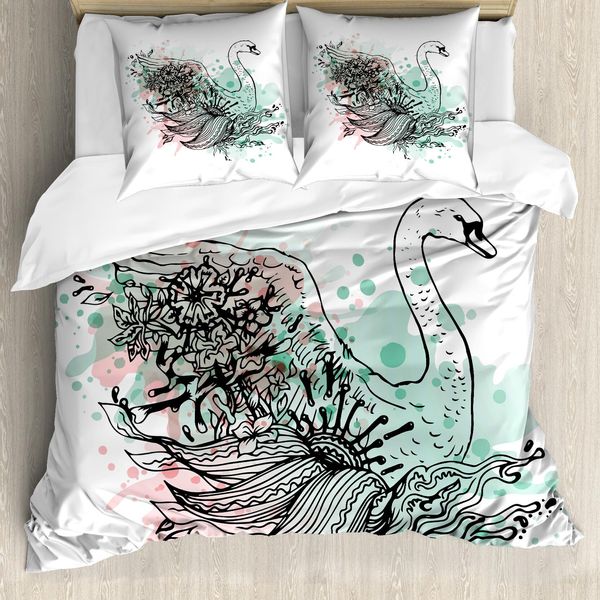 Abakuhaus Set Copripiumino Per Letti Matrimoniali, Sketchy Swan Aquarelle, Antiacaro, Adatto A Chi Soffre Di Allergie, Con Federe, Verde Menta, Rosa Chiaro, Nero-image