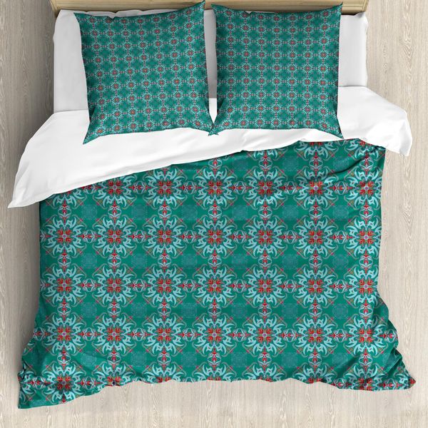 Abakuhaus Copripiumino Vintage, Tradizionale Spagnolo, Antiacaro, Adatto A Chi Soffre Di Allergie, Con Federe, 200 Cm X 200 Cm - 80 X 80 Cm, Verde Giada-Azzurro-Rosso-image