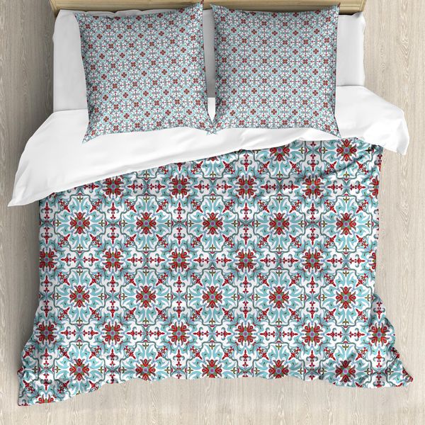 Abakuhaus Copripiumino Vintage, Fiori Antichi, Antiacaro, Adatto A Chi Soffre Di Allergie, Con Federe, 200 Cm X 200 Cm - 80 X 80 Cm, Azzurro, Rosso, Verde-image