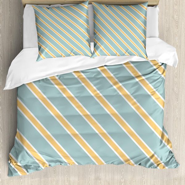 Abakuhaus Set Copripiumino A Righe Per Letti Matrimoniali, Righe Diagonali Retrò, Antiacaro, Adatto A Chi Soffre Di Allergie, Con Federe, Verde Mandorla, Albicocca, Bianco-image