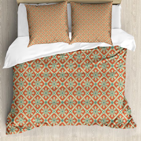 Abakuhaus Set Copripiumino Antico Per Letti Matrimoniali, Petali Stilizzati Vorticosi, Antiacaro, Adatto A Chi Soffre Di Allergie, Con Federe, Verde Reseda E Arancione-image
