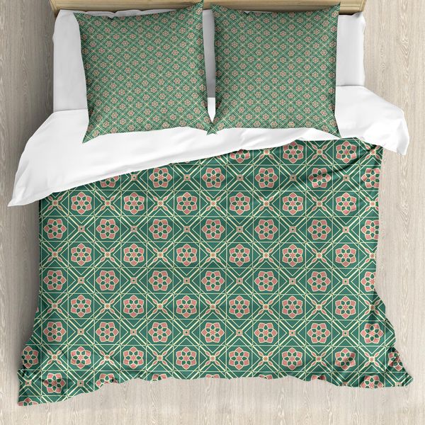 Abakuhaus Set Copripiumino Mandala Per Letti Matrimoniali, Fiori Etnici Orientali, Antiacaro, Adatto A Chi Soffre Di Allergie, Con Federe, Verde Giada, Rosa Chiaro, Pesca-image