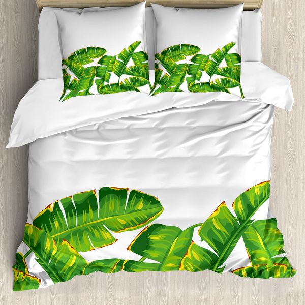 Abakuhaus Set Copripiumino Naturale Per Letti Matrimoniali, Fogliame Tropicale Vibrante, Antiacaro, Adatto A Chi Soffre Di Allergie, Con Federe, Verde Cacciatore Giallo-image