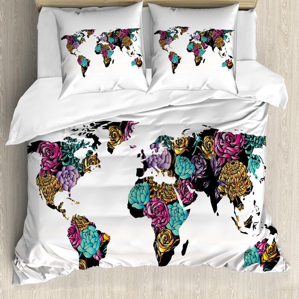 Abakuhaus Copripiumino Con Mappa Floreale Del Mondo, Mappa Del Mondo Con Fiori, Antiacaro, Adatto A Chi Soffre Di Allergie, Con Federe, 155 Cm X 220 Cm - 80 X 80 Cm, Multicolore-image