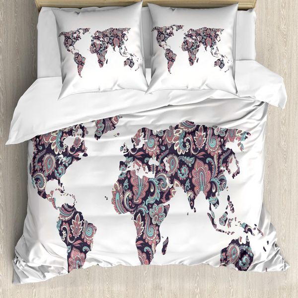 Abakuhaus Set Copripiumino Orientale Per Letti Matrimoniali, Foglie Paisley, Antiacaro Adatto A Chi Soffre Di Allergie Con Federe, Turchese Rosso Corallo Prugna-image