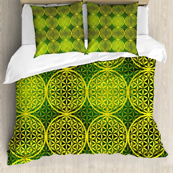 Abakuhaus Copripiumino Astratto, Clear Flower Of Life, Antiacaro, Adatto A Chi Soffre Di Allergie, Con Federe, 155 Cm X 220 Cm - 80 X 80 Cm, Giallo Verde Cacciatore-image