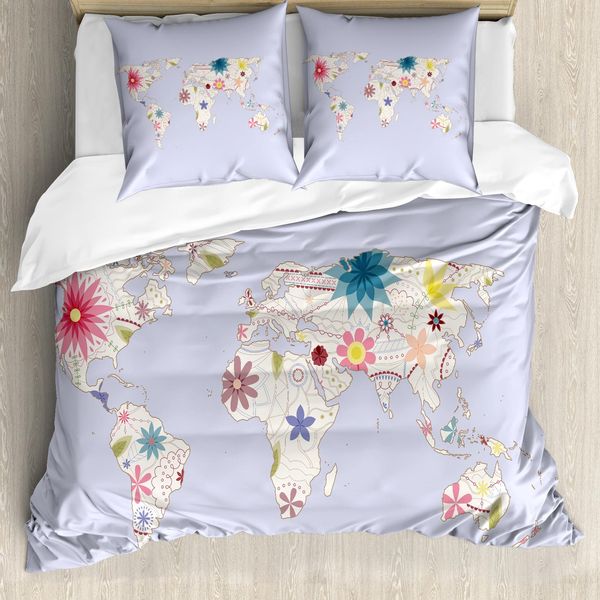 Abakuhaus Copripiumino Con Mappa Floreale Del Mondo, Mappa Soft Blooms, Antiacaro, Adatto A Chi Soffre Di Allergie, Con Federe, 200 Cm X 200 Cm - 80 X 80 Cm, Color Crema Lilla-image