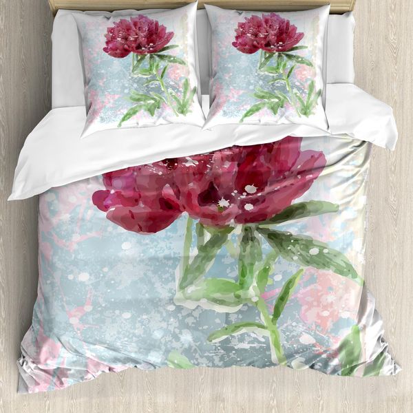 Abakuhaus Set Copripiumino Retrò Per Letti Matrimoniali, Fiori Di Peonia, Antiacaro, Adatto A Chi Soffre Di Allergie, Con Federe, Verde Felce, Azzurro, Magenta-image