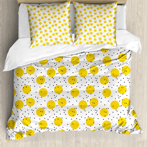 Abakuhaus Copripiumino Giallo E Bianco, Grandi Cerchi, Antiacaro, Adatto A Chi Soffre Di Allergie, Con Federe, 200 Cm X 200 Cm - 80 X 80 Cm, Marigold E Nero-image