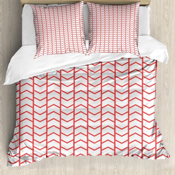 Abakuhaus Copripiumino Moderno, Bordi Con Linee A Chevron, Antiacaro E Anallergico, Con Federe, 200 Cm X 200 Cm - 80 X 80 Cm, Corallo Scuro E Bianco-image