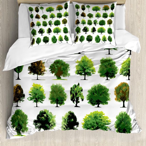 Abakuhaus Copripiumino Naturale, Pines Planes Bush Tree, Antiacaro, Adatto A Chi Soffre Di Allergie, Con Federe, 200 Cm X 200 Cm - 80 X 80 Cm, Bianco E Verde-image